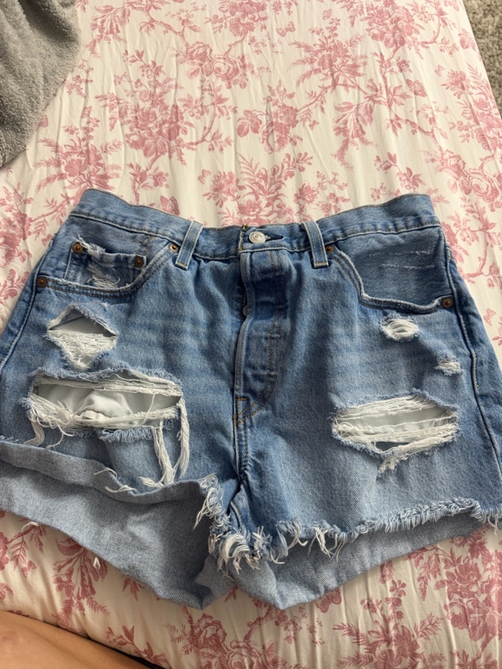 Distressed Light Blue Denim Shorts - Women